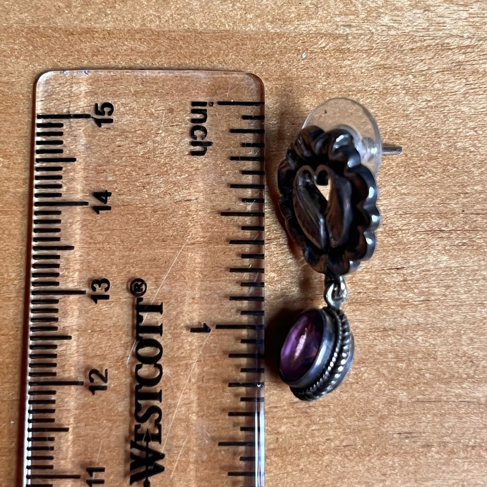 Silver Heart Earrings with Purple Gemstone